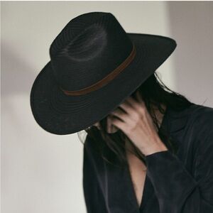 Janessa Leone Brigitte Packable Black Straw Hat with Leather Brown Band S